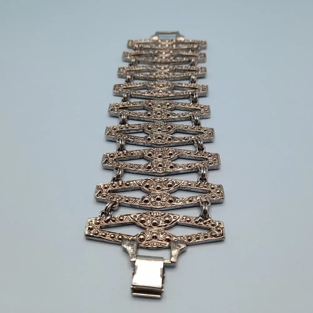 Vintage Art Deco Faux Marcasite Rhinestone Wide Bracelet, 7 1/4 Inches, 1980s